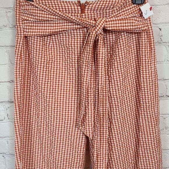 Free People West Side Tie Orange Gingham Check Seersucker Taper Leg Cropped Pant - Picture 3 of 12